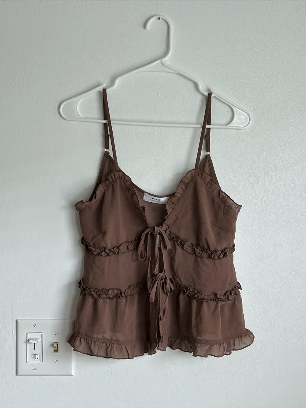 NWT Brown Sheer Cropped Spaghetti Strap Top Medium Ruffle Tie Front